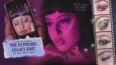 The Euphoric Legacy Edit featuring four LEMONHEAD.LA glitter shades seen on Euphoria: Mulholland, Private School, Groupie, and a fourth iridescent blue shade, shown alongside glitter eye makeup looks.