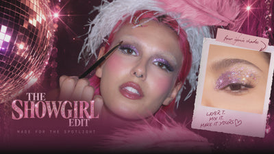 LEMONHEAD.LA The Showgirl Edit campaign featuring a pink-haired model with shimmering lavender glitter eye makeup, pink feathers, and disco-inspired details. The glamorous collage showcases four iconic glitter shades—Mirage, Command, Crystal Tokyo, and Violet Hour—alongside close-up makeup photography and the message “Layer it. Mix it. Make it yours.” A pink “Shop the Edit” button completes the sparkling, showgirl-inspired design.