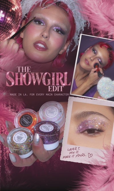 LEMONHEAD.LA The Showgirl Edit campaign featuring a pink-haired model with shimmering lavender glitter eye makeup, pink feathers, and disco-inspired details. The glamorous collage showcases four iconic glitter shades—Mirage, Command, Crystal Tokyo, and Violet Hour—alongside close-up makeup photography and the message “Layer it. Mix it. Make it yours.” A pink “Shop the Edit” button completes the sparkling, showgirl-inspired design.