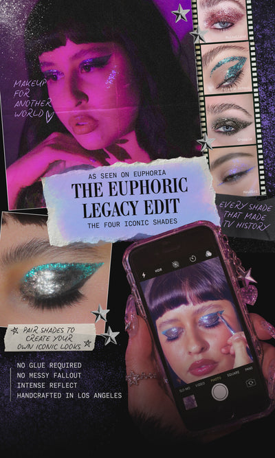 The Euphoric Legacy Edit featuring four LEMONHEAD.LA glitter shades seen on Euphoria: Mulholland, Private School, Groupie, and a fourth iridescent blue shade, shown alongside glitter eye makeup looks.